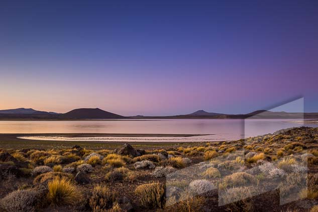 La pagina del mes de julio del Calendario Argentina 2021, con una foto del crepúsculo en el Parque Nacional Laguna blanca, Nequén, Argentina